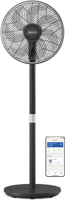 (opens in the same window) A Philips Pedestal Fan beside mini icons of the Philips Air+ App, against a light blue background.